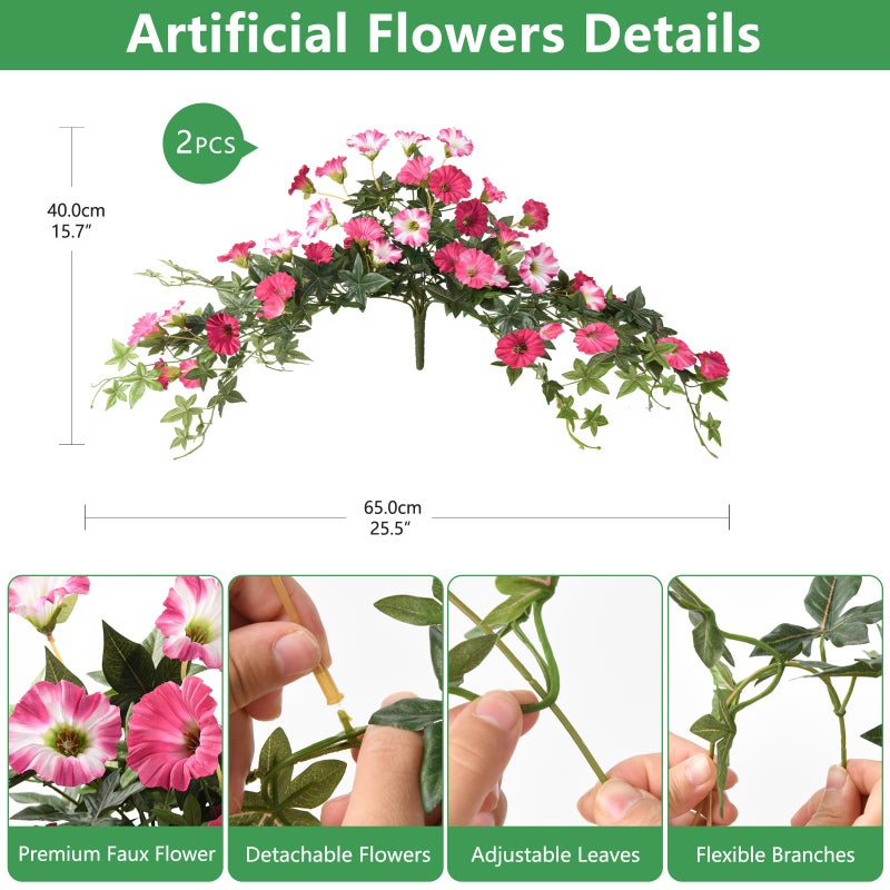 ZFProcess Artificial Fake Flowers Hanging Plants for Outdoor Spring Summer Decoration, 2Pcs Faux Petunias Realistic Silk Flower UV Resistant No Fade for Home Outside Garden Balcony Yard Porch Indoor (Rose Red) - Image 2