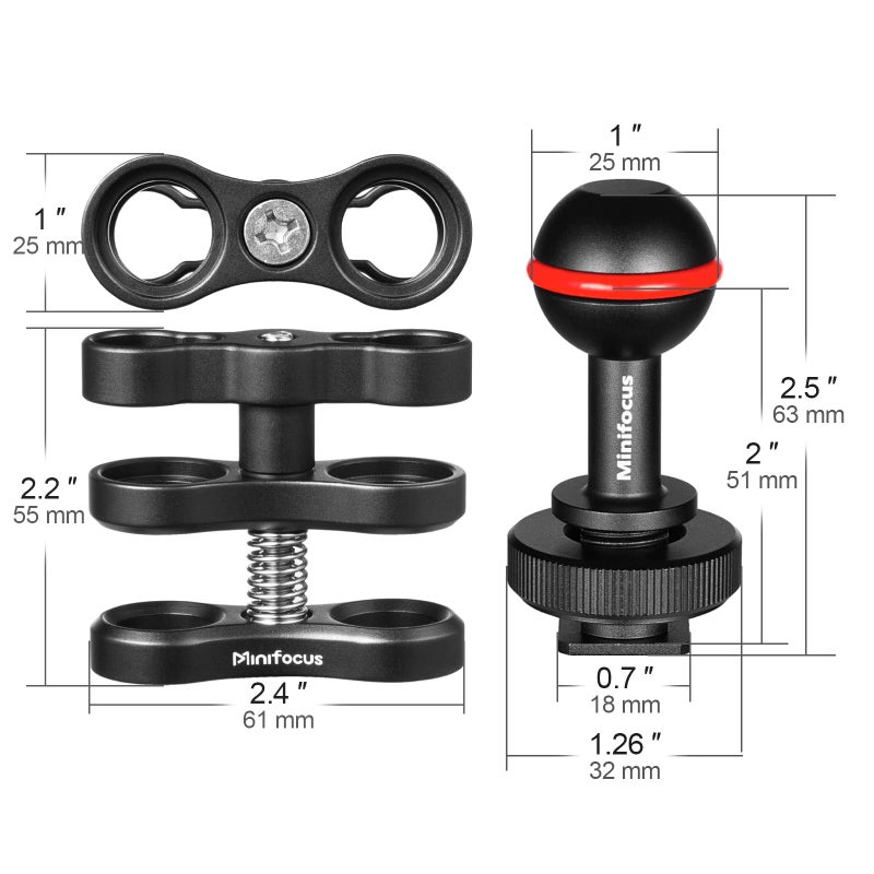 MINIFOCUS حامل كرة صغير 1'' مع قاعدة محول رأس كرة حذاء بارد لمصباح الغوص تحت الماء وكاميرات مقاومة للماء - Image 5