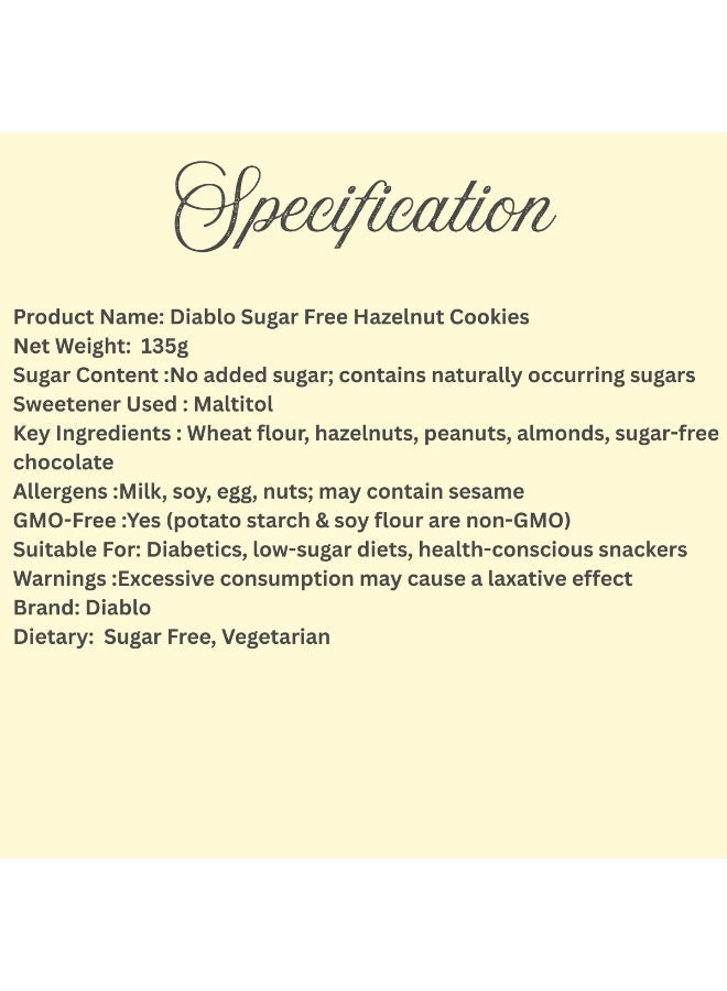 Diablo Sugar Free Hazelnut Cookies | No Added Sugar | Sweetened with Maltitol | Low Sugar Snack with Nuts & Chocolate | Diabetic Friendly | 135g (Pack of 3) (Expiry Date 30th June 2026) - Image 3