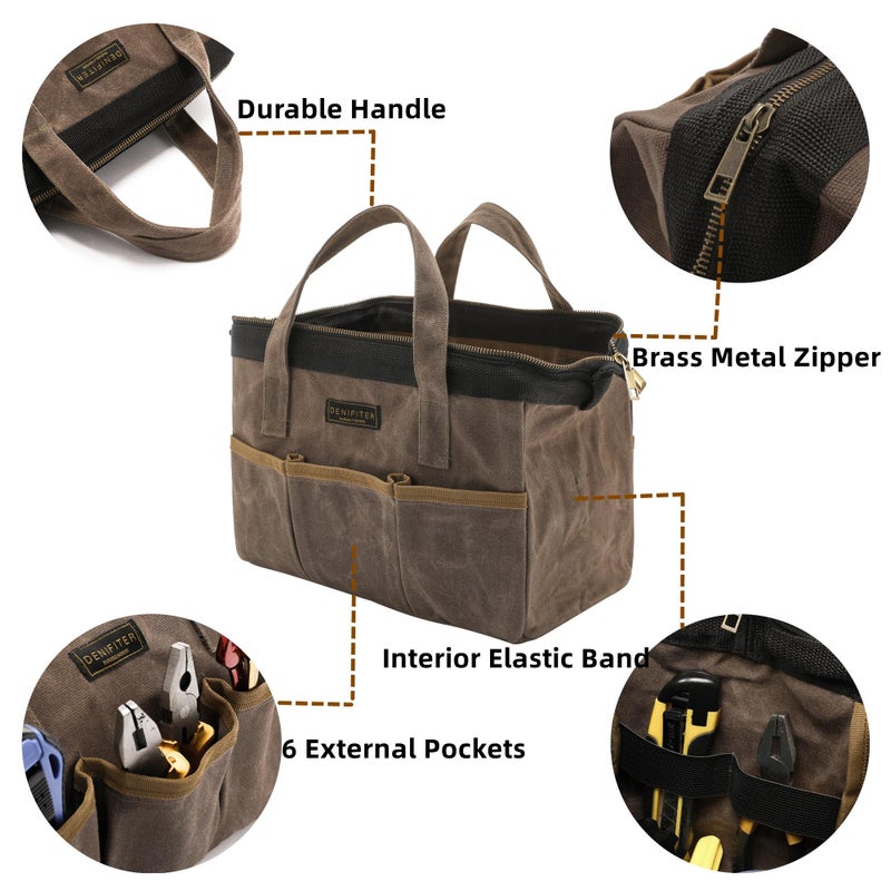 Denifiter Tool Bag, 13-inch Heavy Duty 16oz Waxed Canvas Wide Mouth Water-Resistant Tool Bag, Tool Tote with Handle for Tools, Wrenches, Screwdrivers (13 X 7.8 X 9 inch) | Grey - Image 3