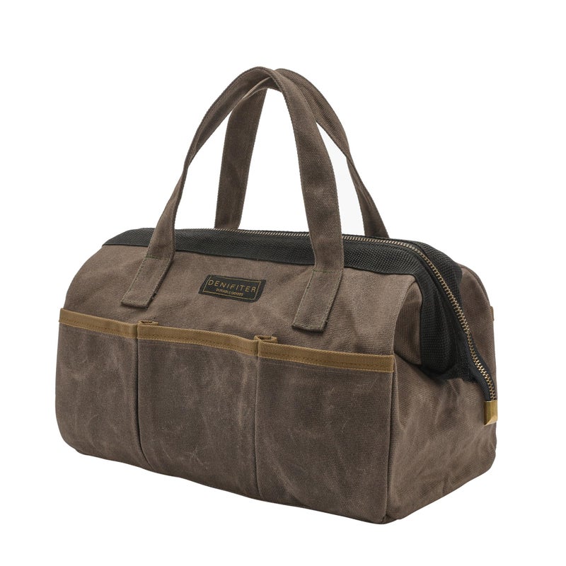 Denifiter Tool Bag, 13-inch Heavy Duty 16oz Waxed Canvas Wide Mouth Water-Resistant Tool Bag, Tool Tote with Handle for Tools, Wrenches, Screwdrivers (13 X 7.8 X 9 inch) | Grey - Image 1