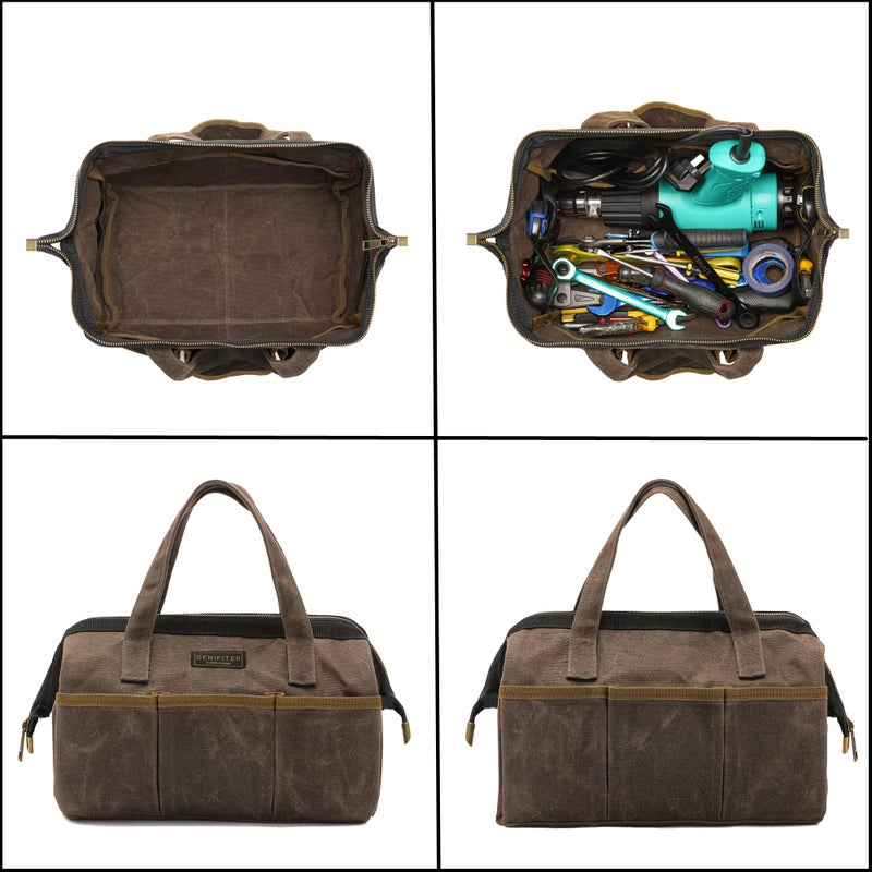 Denifiter Tool Bag, 13-inch Heavy Duty 16oz Waxed Canvas Wide Mouth Water-Resistant Tool Bag, Tool Tote with Handle for Tools, Wrenches, Screwdrivers (13 X 7.8 X 9 inch) | Grey - Image 4