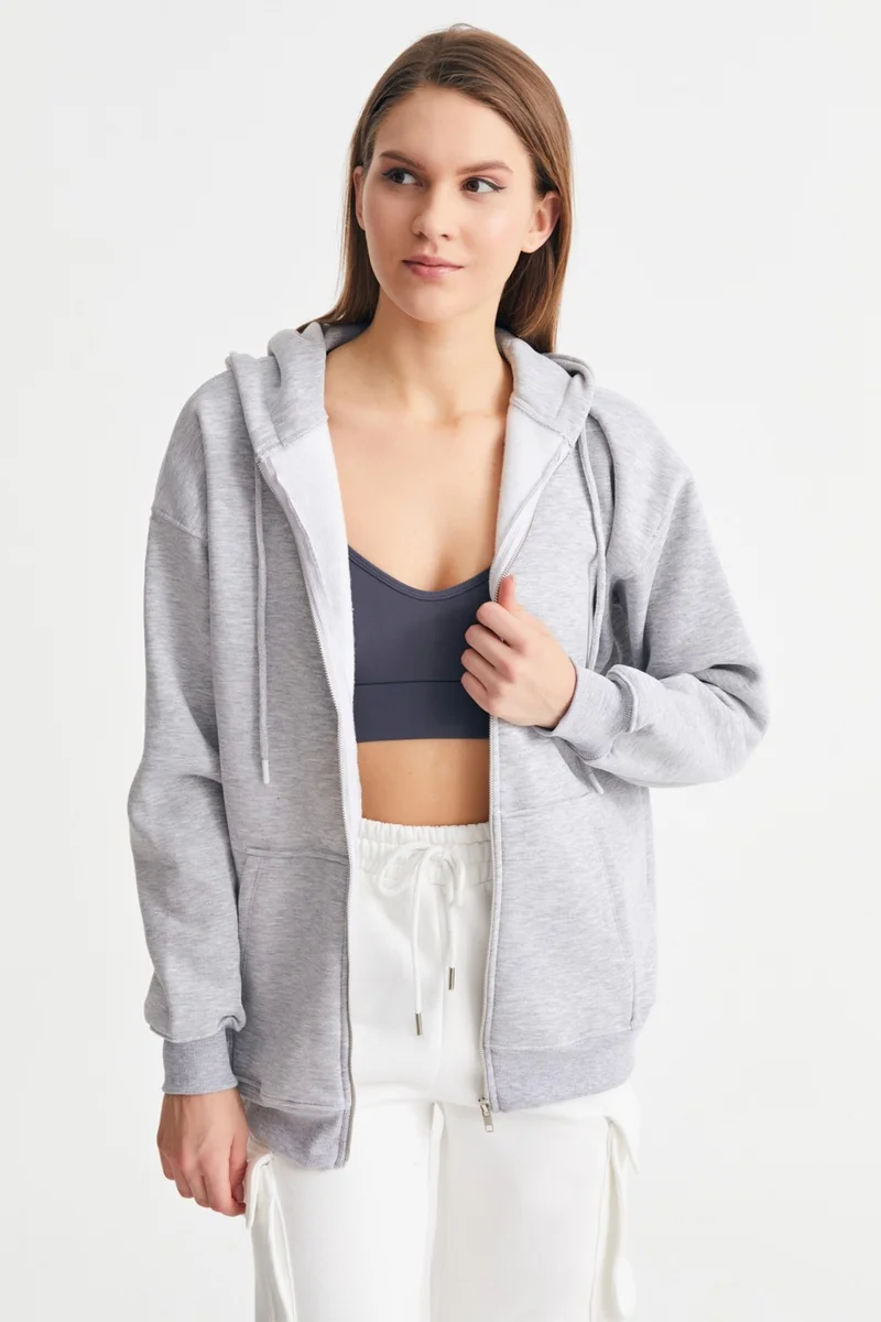 Ecrou Women's Gray Melange Hooded Oversize Basic Knitted Cardigan