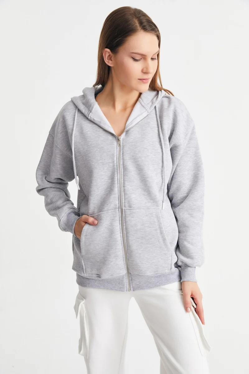 Ecrou Women's Gray Melange Hooded Oversize Basic Knitted Cardigan