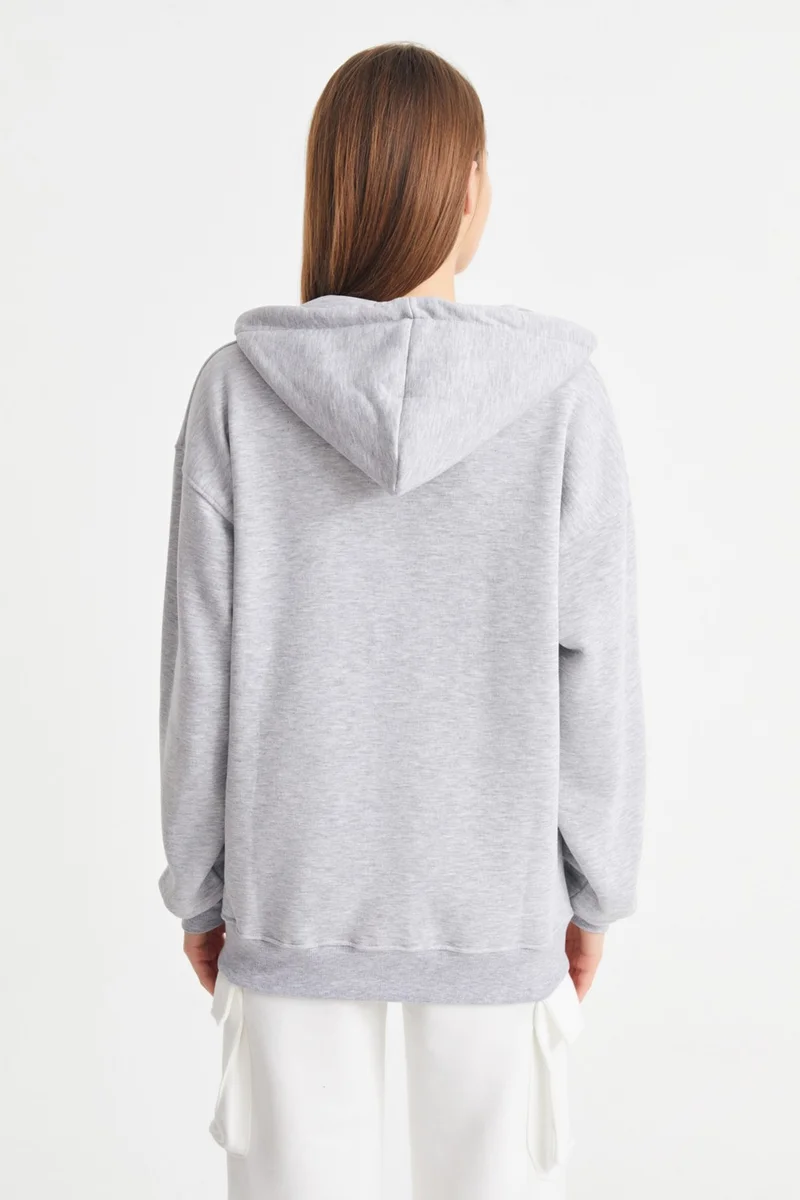 Ecrou Women's Gray Melange Hooded Oversize Basic Knitted Cardigan
