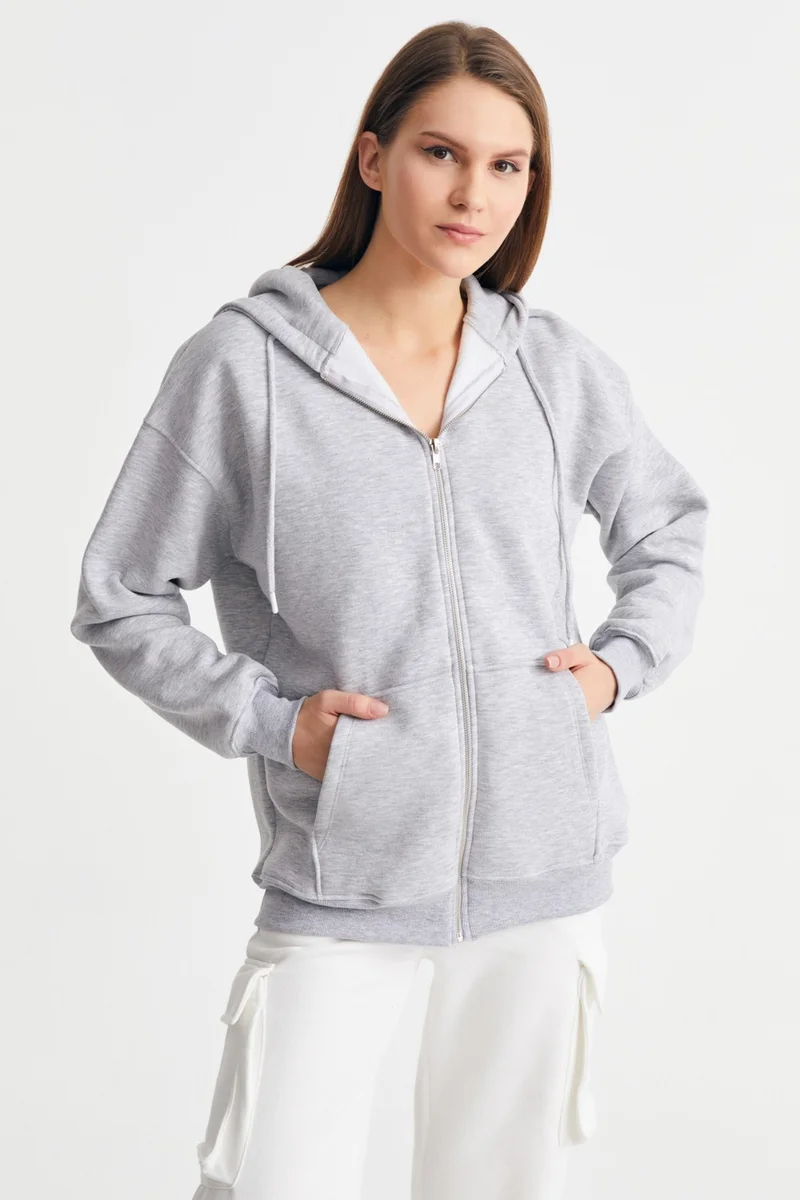 Ecrou Women's Gray Melange Hooded Oversize Basic Knitted Cardigan