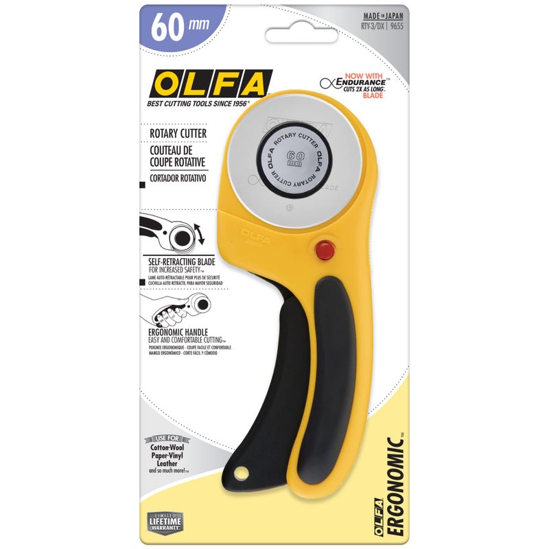 OLFA 60mm Ergonomic Rotary Cutter (RTY-3/DX) - Rotary Fabric Cutter w/Blade Cover & Squeeze Trigger for Quilting, Sewing, Crafts, Replacement Blade: OLFA RB60-1 - Image 3