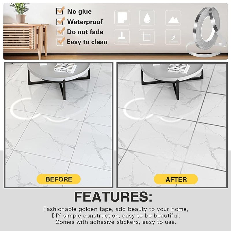 D-Fix DFix 2PCS Tile Gap Sticker Waterproof 50 Meters Golden Tape Selfadessive Tile Stickers for Flooring Tile Decoration Tape Gap Sealing Tape Strip 1cm x 50m Silver  - Image 5
