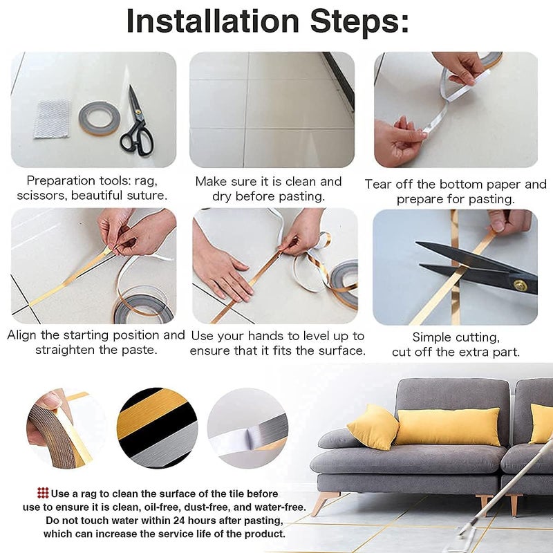 D-Fix DFix 2PCS Tile Gap Sticker Waterproof 50 Meters Golden Tape Selfadessive Tile Stickers for Flooring Tile Decoration Tape Gap Sealing Tape Strip 1cm x 50m Silver  - Image 2