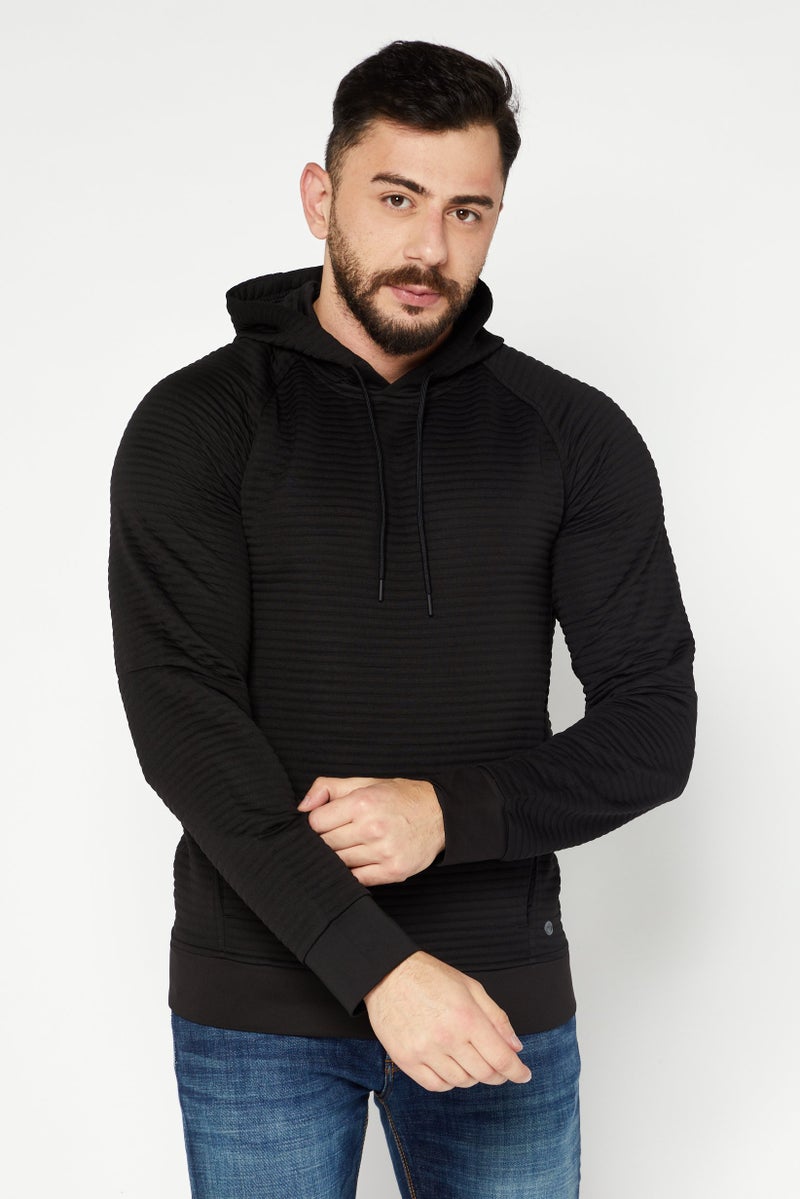 Men Hooded Neck Textured Long Sleeve Hoodie, Black