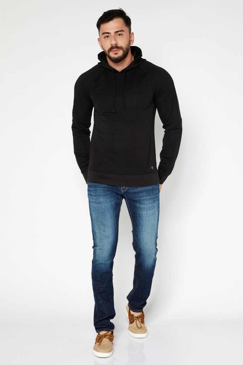 Men Hooded Neck Textured Long Sleeve Hoodie, Black