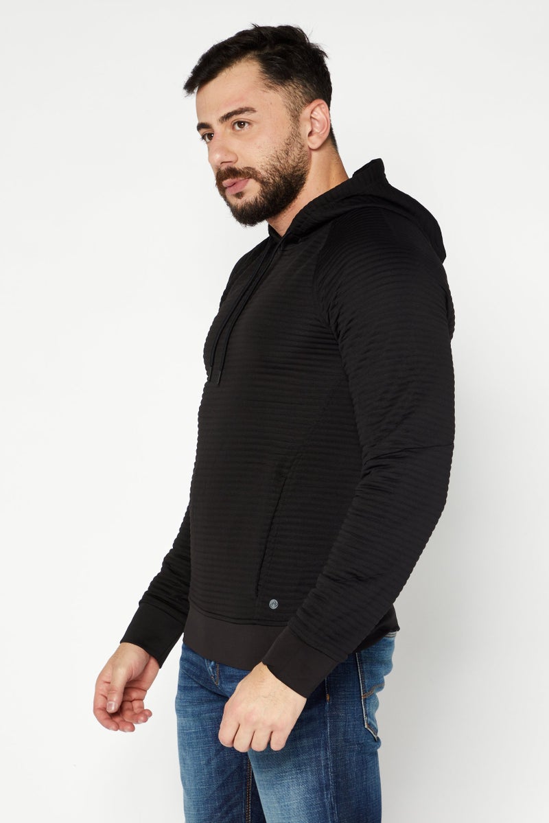 Men Hooded Neck Textured Long Sleeve Hoodie, Black