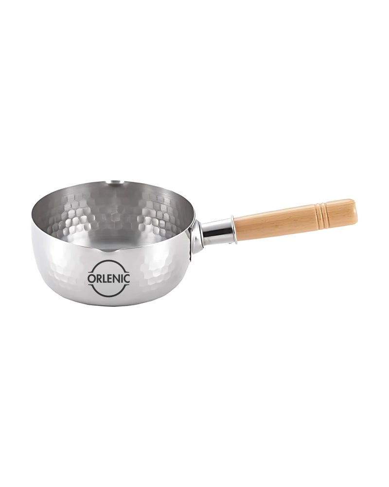 Orlenic Japanese Yukihira Saucepan 16cm Stainless Steel Pot with Wooden Handle | 1.2 Quart Hand-Hammered Saucepan for Japanese Cooking | Dishwasher Safe Cookware for Soup, Sauce, Simmering - Image 1