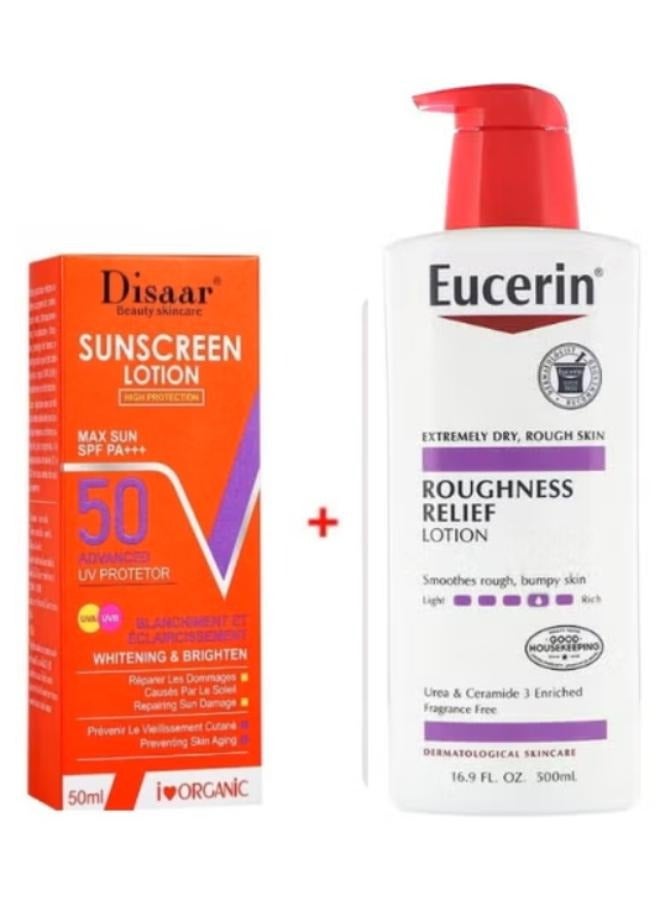 Disaar Sunscreen Lotion SPF PA+++ 50 50ML+Roughness Relief Lotion - Full Body Lotion for Extremely Dry, Rough Skin - Pump Bottle White 500ml - Image 1