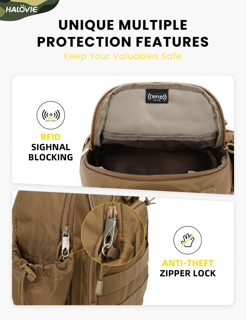 HALOVIE Anti-theft Tactical Sling Bag RFID Khaki Military Shoulder Bag with Phone Pack EDC Molle Crossbody Bag for men - Image 3