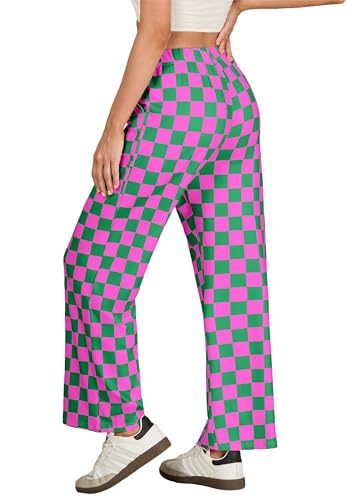 IWOLLENCE Women's Casual Loose Checkered Wide Leg Pants High Waist Straight Lounge Y2K Gingham Trousers Fall Hot Pink Green, M - Image 4