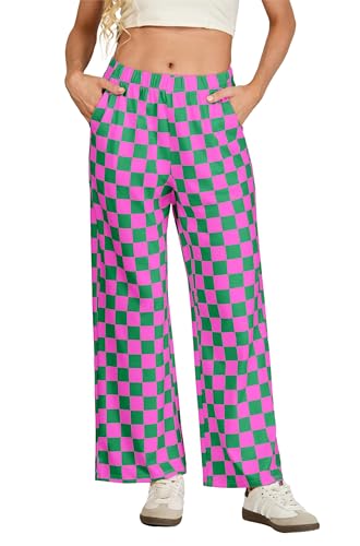 IWOLLENCE Women's Casual Loose Checkered Wide Leg Pants High Waist Straight Lounge Y2K Gingham Trousers Fall Hot Pink Green, M - Image 2