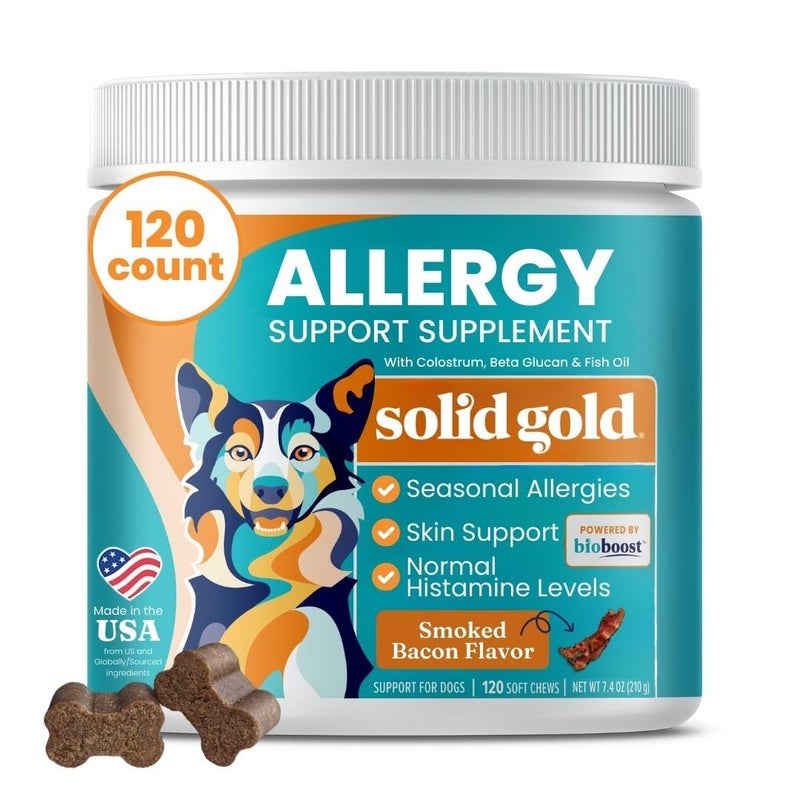 Solid Gold Dog Allergy Relief Chews - Dog Itching Skin Relief & Seasonal Allergies Support - Alaskan Salmon Oil for Dogs Skin, Coat & Immune Support - Bacon Flavor Soft Allergy Chews for Dogs -120ct - Image 1