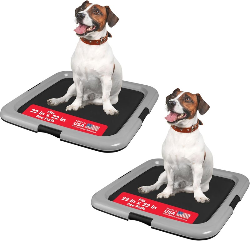 IrisUSA Pee Pad Holder - for Regular Sized Dog and Puppy Pee Pads, Secured Latches, Non-Skid Feet, Polished Finish for Easy Cleaning, Leak Protection, Fits 22"x22" Pad or Larger, 2 Pack, Black/Gray - Image 1