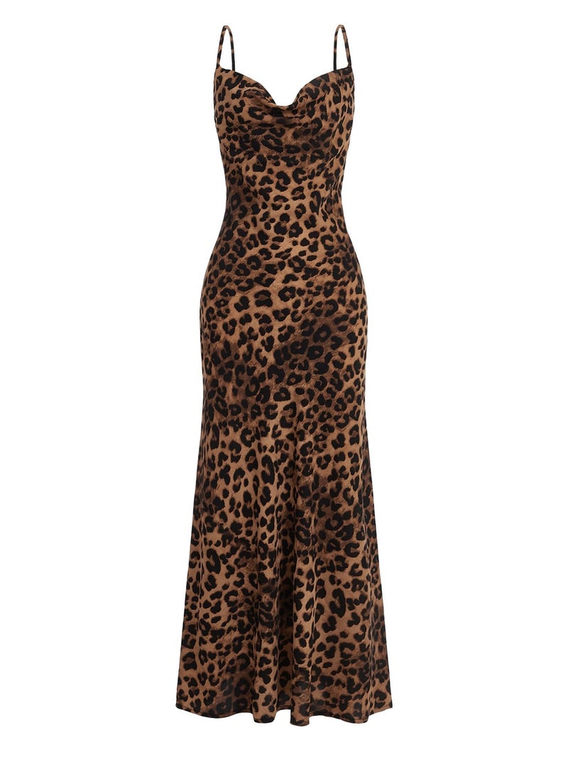 Floerns Women's Leopard Print Draped Collar Spaghetti Strap Cami Long Dress Brown S - Image 1