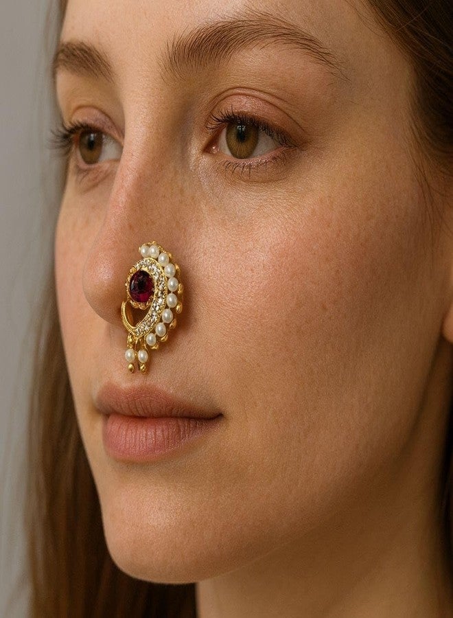 Mantraz Store Fasion Nose Pin Jewllery Gold PLated Nath Nose Pin Without Press Artificial stone Clip-on Maharashtrian Nath Nathiya For Women - Image 2