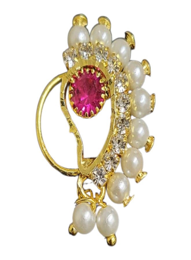 Mantraz Store Fasion Nose Pin Jewllery Gold PLated Nath Nose Pin Without Press Artificial stone Clip-on Maharashtrian Nath Nathiya For Women - Image 1