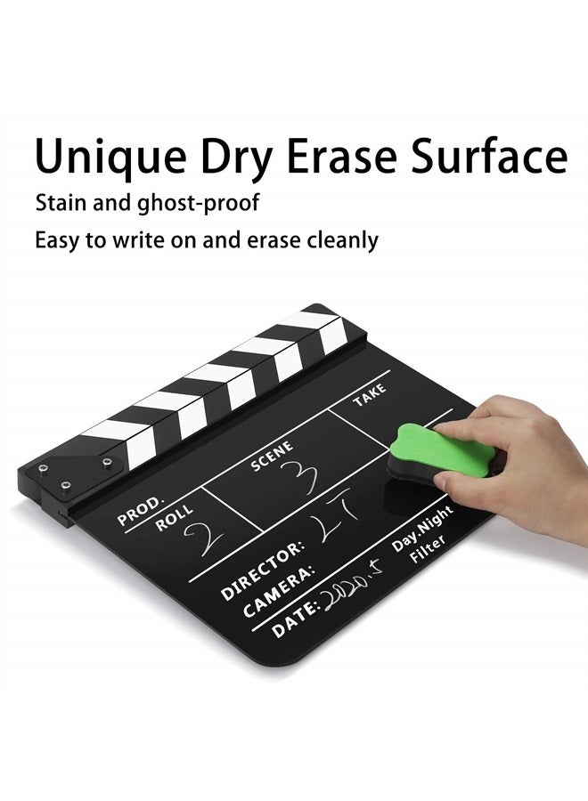 Flexzion Acrylic Plastic Clapboard Director's Clapper Board Dry Erase Cut Action Scene Slateboard for Hollywood Camera Film Studio Home Movie Video 10x12" with Black/White Sticks - Image 2