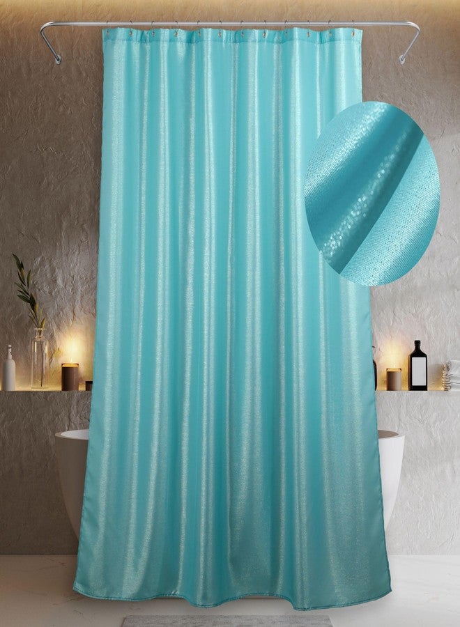 Popkozzi Aqua Blue Glitter Shower Curtain: Turquoise Teal Sparkle Bling Shiny Fabric Decorative Shower Curtains for Bathroom - Waterproof Washable Luxury Metallic Shimmer Satin Bath Curtain - 72x72 - Image 1