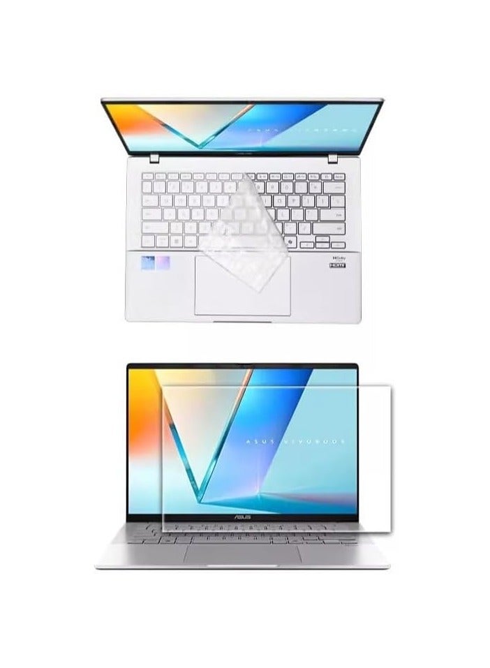 Compatible with ASUS VivoBook S14 (S3407C) 2025 14-inch Fully Transparent Silicone Laptop Keyboard Cover and HD Tempered Glass - Image 1