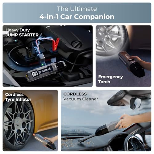 XECH 4-in-1 Car Vacuum Cleaner Cordless with Tyre Inflator, Jump Starter & Emergency Light | Portable Car Emergency Kit, 150 PSI Air Pump, 600A Battery Booster (SuperVac) - Image 2