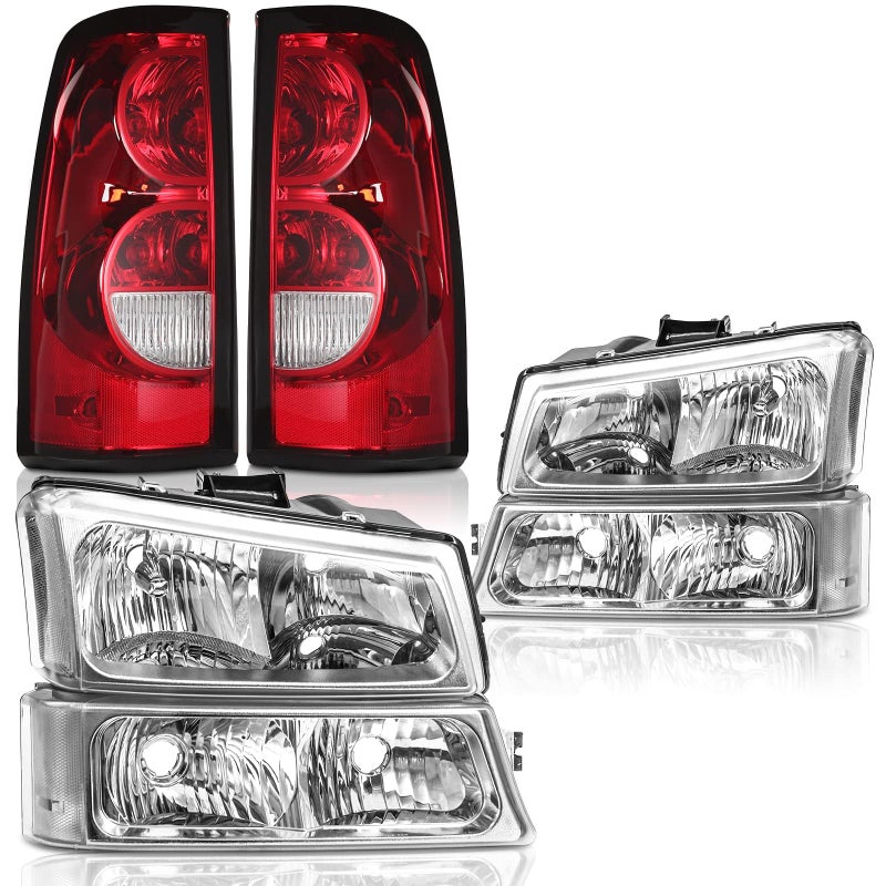 Headlights Tail Lights Assembly Combo Compatible with 2003 2004 2005 2006 Chevy Silverado 1500 2500 3500 Chrome Housing Clear Lens Headlamp wRed Taillight Rear Brake Lamp