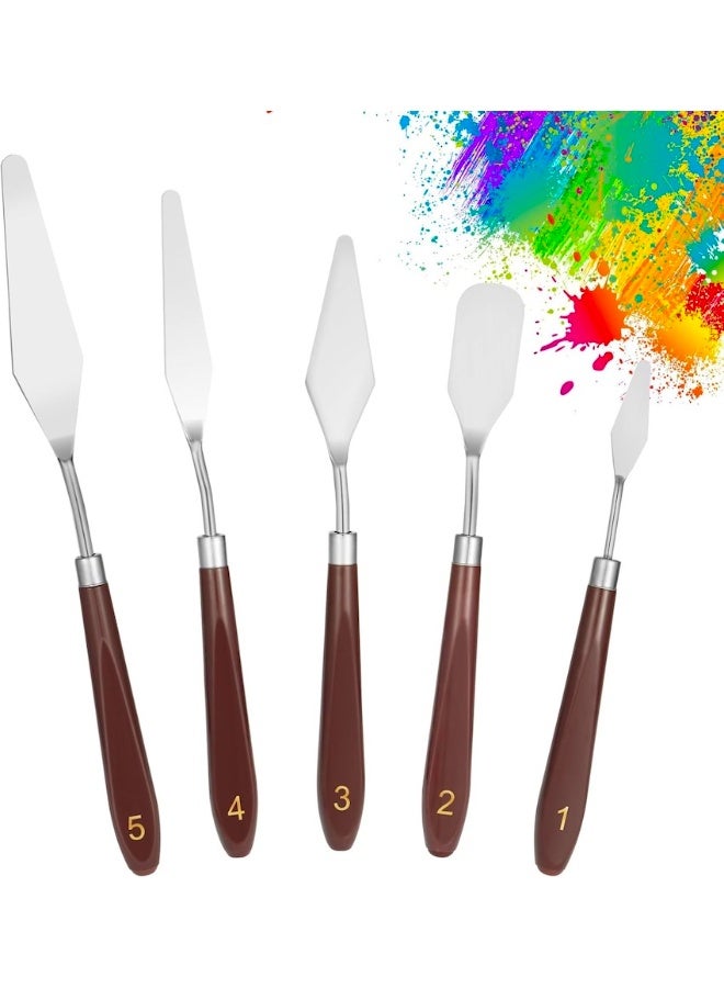 مجموعة سكاكين رسم مكونة من 5 قطع، مناسبة للرسم بالألوان الأكريليكية والزيتية وتزيين الكيك، مصنوعة من الفولاذ المقاوم للصدأ، تتضمن سكين رسم وملعقة فنية لأنواع مختلفة من الرسم ومزج الألوان والتلطيخ. - Image 1