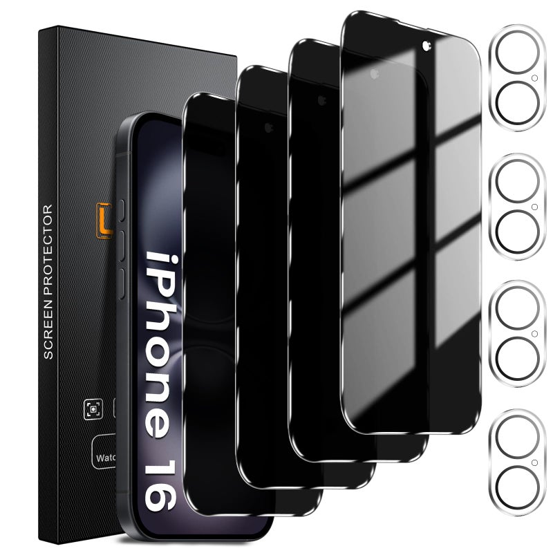 Lesakit 4+4 Pack Privacy Screen Protector for iPhone 16 6.1-Inch with 4 Pack Camera Lens Protector, Anti Spy Tempered Glass Film 9H Hardness Case Friendly - Image 1