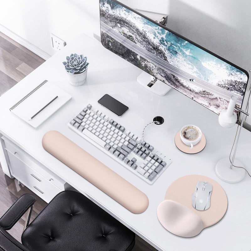 AIMSA Mouse Pad with Wrist Rest Support, Keyboard Wrist Rest Set, Ergonomic Memory Foam Mousepad for Computer Keyboard, Easy Typing and Pain Relief, Apricot - Image 2