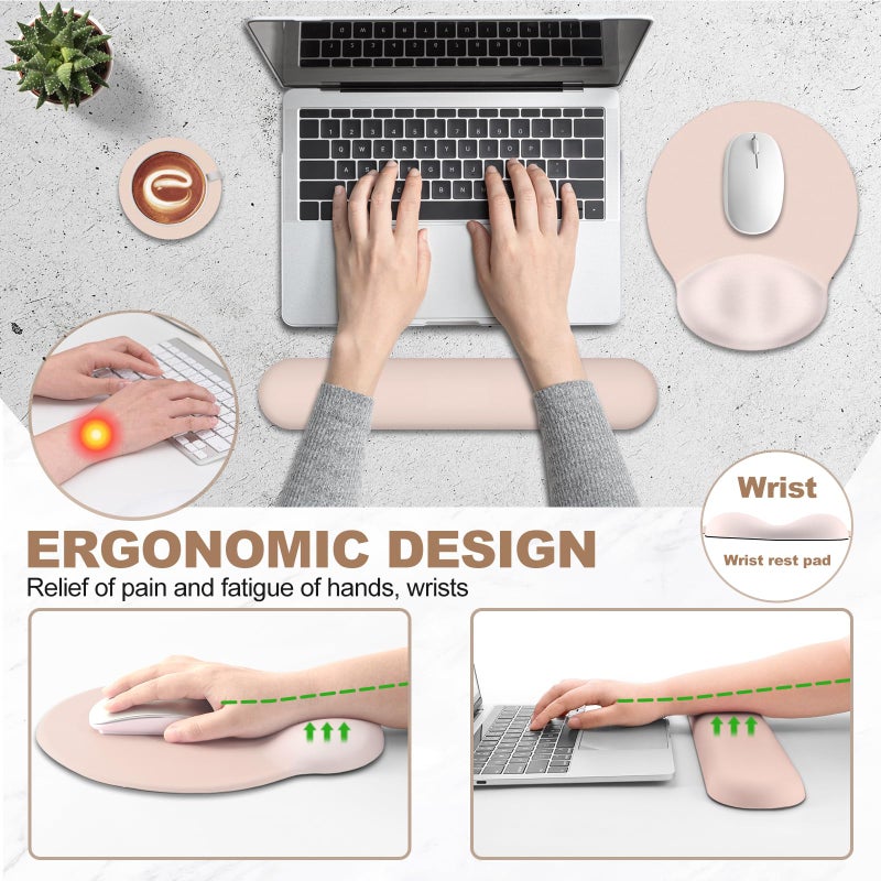 AIMSA Mouse Pad with Wrist Rest Support, Keyboard Wrist Rest Set, Ergonomic Memory Foam Mousepad for Computer Keyboard, Easy Typing and Pain Relief, Apricot - Image 3