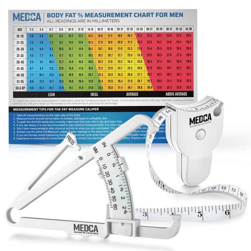 MEDca Body Fat Caliper and Measuring Tape for Body - Skinfold Calipers and Body Fat Tape Measure Tool for Accurately Measuring BMI Skin Fold Fitness and Weight-Loss - New Upgraded Design (White) - Image 1