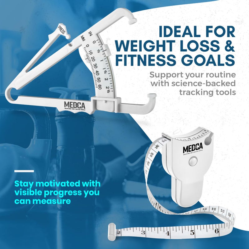 MEDca Body Fat Caliper and Measuring Tape for Body - Skinfold Calipers and Body Fat Tape Measure Tool for Accurately Measuring BMI Skin Fold Fitness and Weight-Loss - New Upgraded Design (White) - Image 4