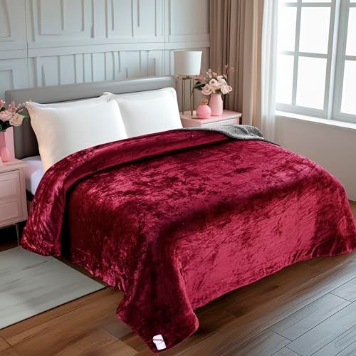 CHANDRAVATI Double Bed Sherpa Blanket | Soft Polyester Micromink Flannel Bedding | Solid Plain Cozy & Warm Blanket for Bedroom & Sofa (Maroon, Double, 200 TC) - Image 2