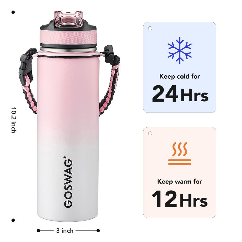 GOSWAG Insulated Sports Water Bottle, 24oz 2 Lids(with Straw/No Straw), Stainless Steel Water Bottles with Paracord Handle, Insulated Bottle with Double-Wall Vacuum Insulation - Image 2