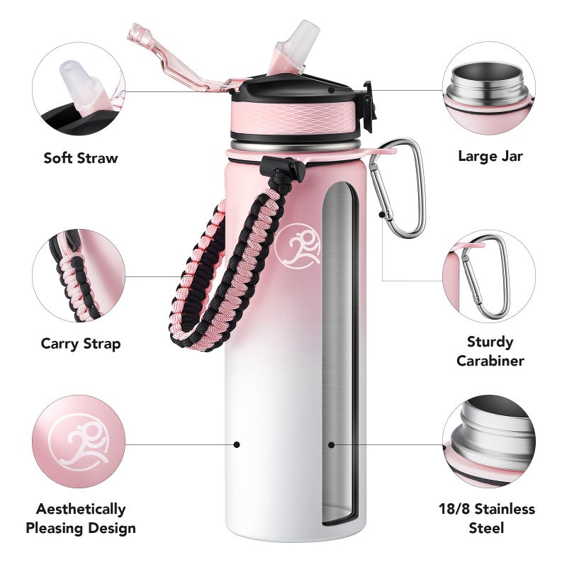 GOSWAG Insulated Sports Water Bottle, 24oz 2 Lids(with Straw/No Straw), Stainless Steel Water Bottles with Paracord Handle, Insulated Bottle with Double-Wall Vacuum Insulation - Image 3