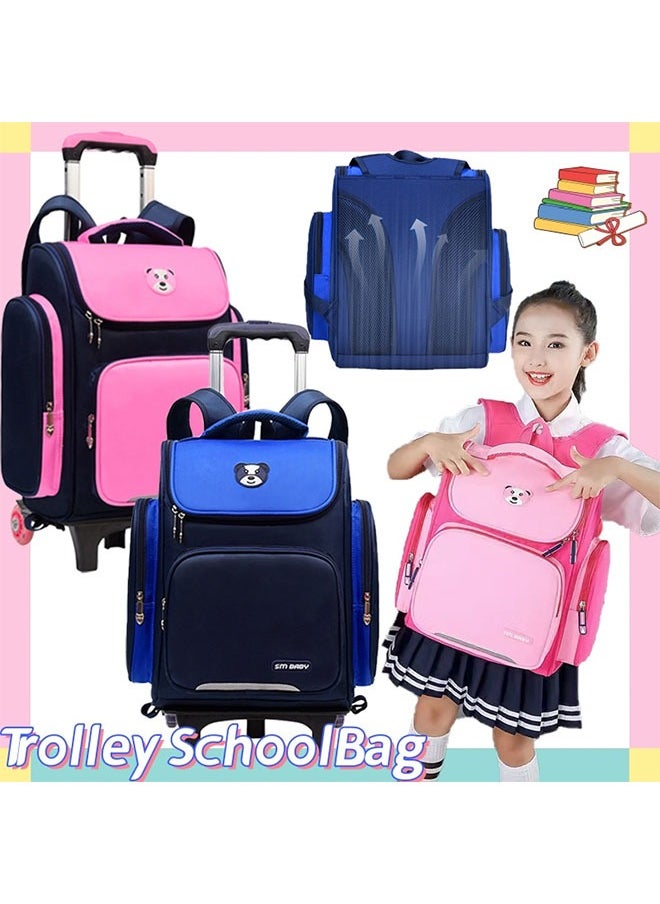 Generic - Rolling Trolley Bag Wheeled Backpack Primary Schoolbag with 6 Wheels Elementary School Students Schoolbag Middle School Trolley Bookbag (Blue) - Image 1