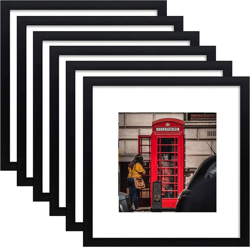 PWTAKO 8x8 Picture Frame Set of 6 Display Pictures 5x5 with Mat or 8x8 Without Mat for Wall Mounting or Table Top DisplayBlack