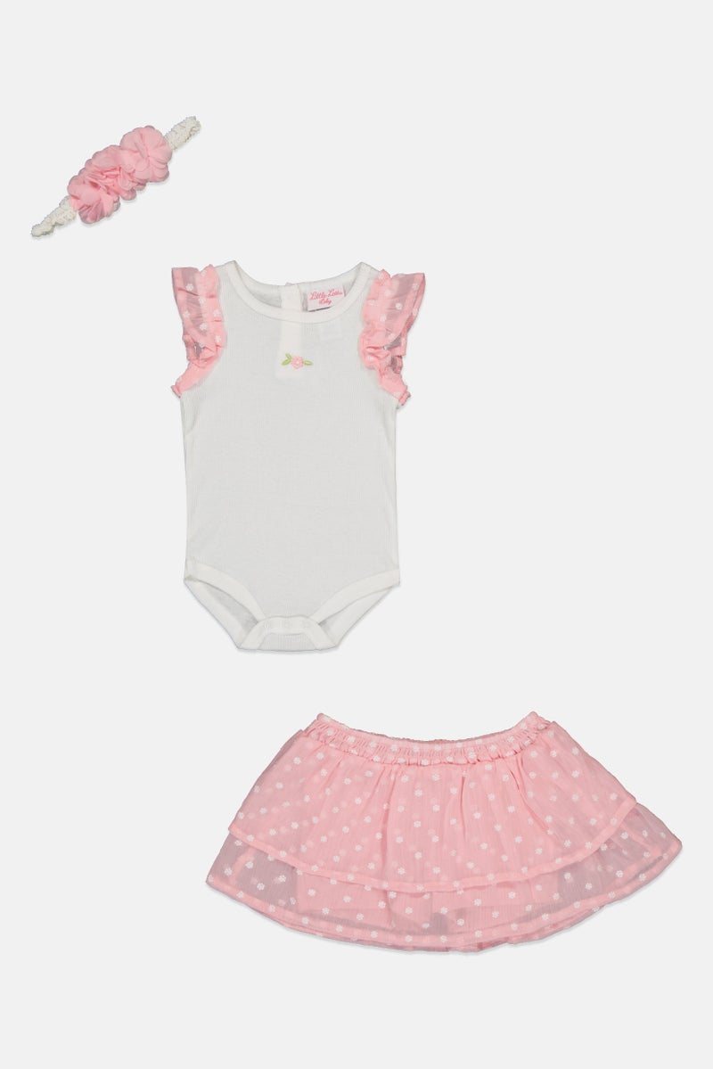 little lass Toddlers Girl 3Pcs Embroidered Bodysuit And Skirt Set with Headband, Multicolor - Image 3