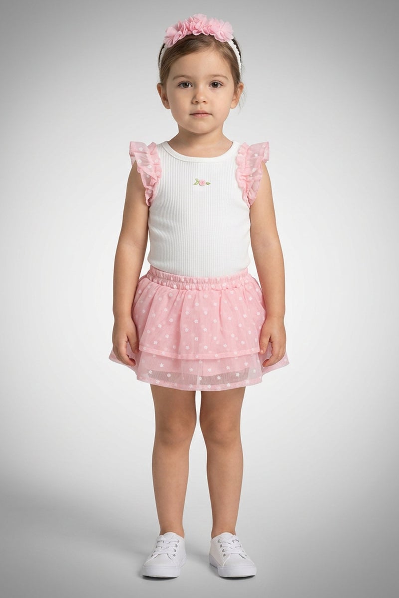 little lass Toddlers Girl 3Pcs Embroidered Bodysuit And Skirt Set with Headband, Multicolor - Image 1