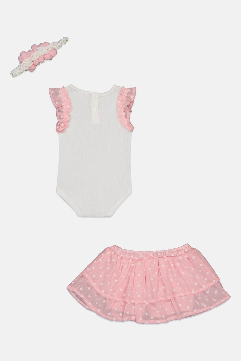 little lass Toddlers Girl 3Pcs Embroidered Bodysuit And Skirt Set with Headband, Multicolor - Image 2