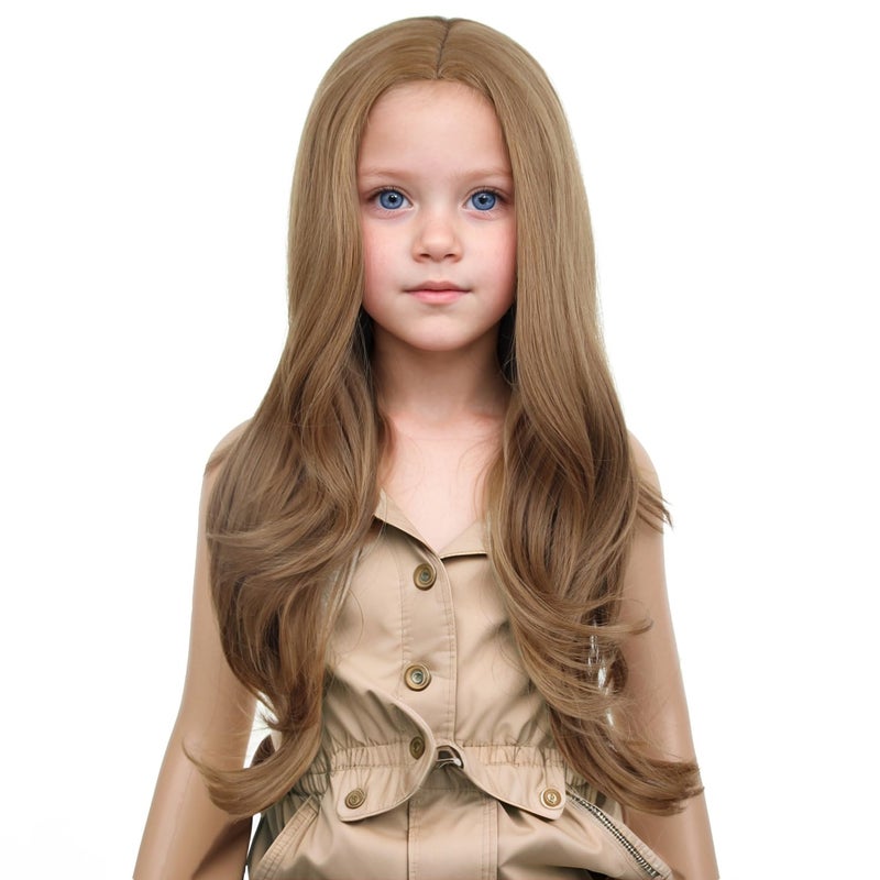 Kids Child Brown Wig Long Curly Wavy Ginger Wig for Girls Middle Part Shoulder Length Synthetic Wig with Wig Cap