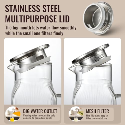 Snuvid 2 Liter/68 oz Square Glass Pitcher with Lid, Classic Stripes Water Pitchers with Handle for Fridge, Large Jug for Iced Tea, Coffee, Borosilicate Glass Carafe for Hot/Cold Brew Drink, Silver - Image 5