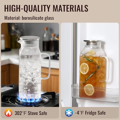 Snuvid 2 Liter/68 oz Square Glass Pitcher with Lid, Classic Stripes Water Pitchers with Handle for Fridge, Large Jug for Iced Tea, Coffee, Borosilicate Glass Carafe for Hot/Cold Brew Drink, Silver - Image 4