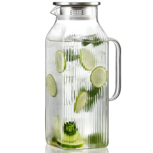 Snuvid 2 Liter/68 oz Square Glass Pitcher with Lid, Classic Stripes Water Pitchers with Handle for Fridge, Large Jug for Iced Tea, Coffee, Borosilicate Glass Carafe for Hot/Cold Brew Drink, Silver - Image 1