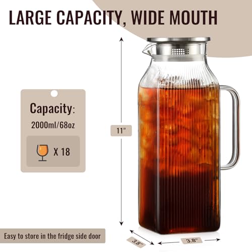 Snuvid 2 Liter/68 oz Square Glass Pitcher with Lid, Classic Stripes Water Pitchers with Handle for Fridge, Large Jug for Iced Tea, Coffee, Borosilicate Glass Carafe for Hot/Cold Brew Drink, Silver - Image 2
